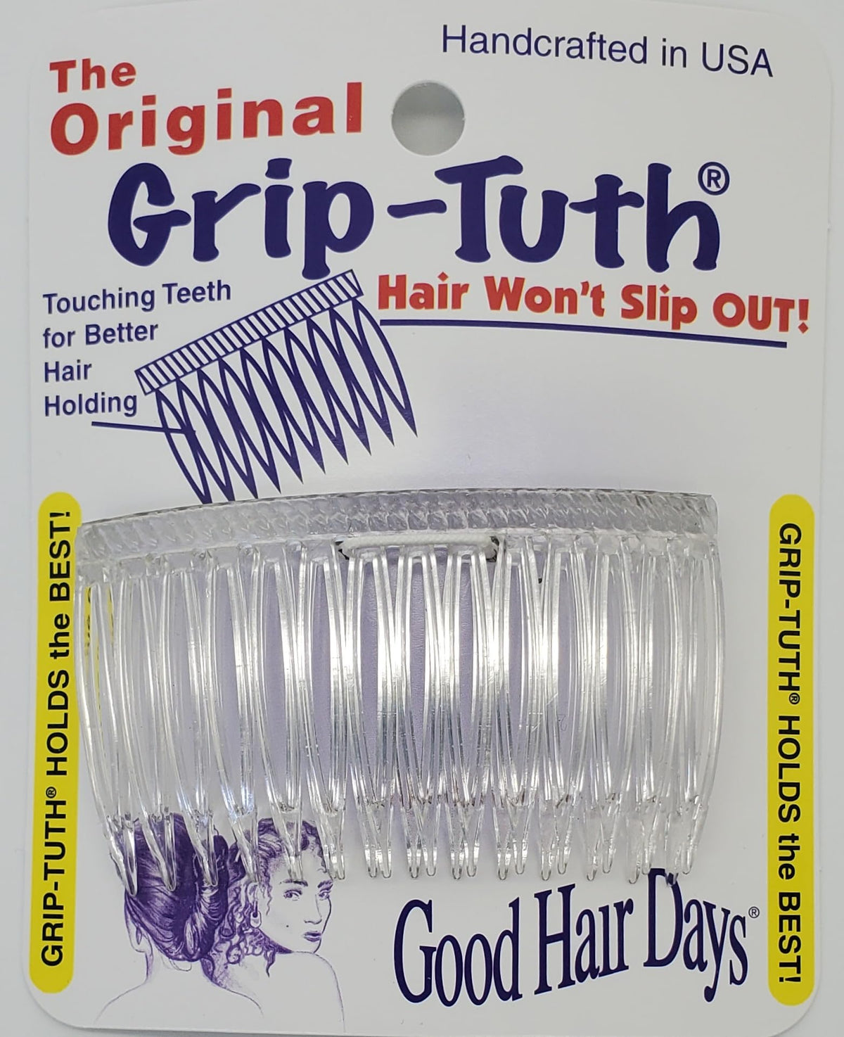 Good Hair Days front view of crystal side combs shows decorative sparkle and compact size, enhancing styles