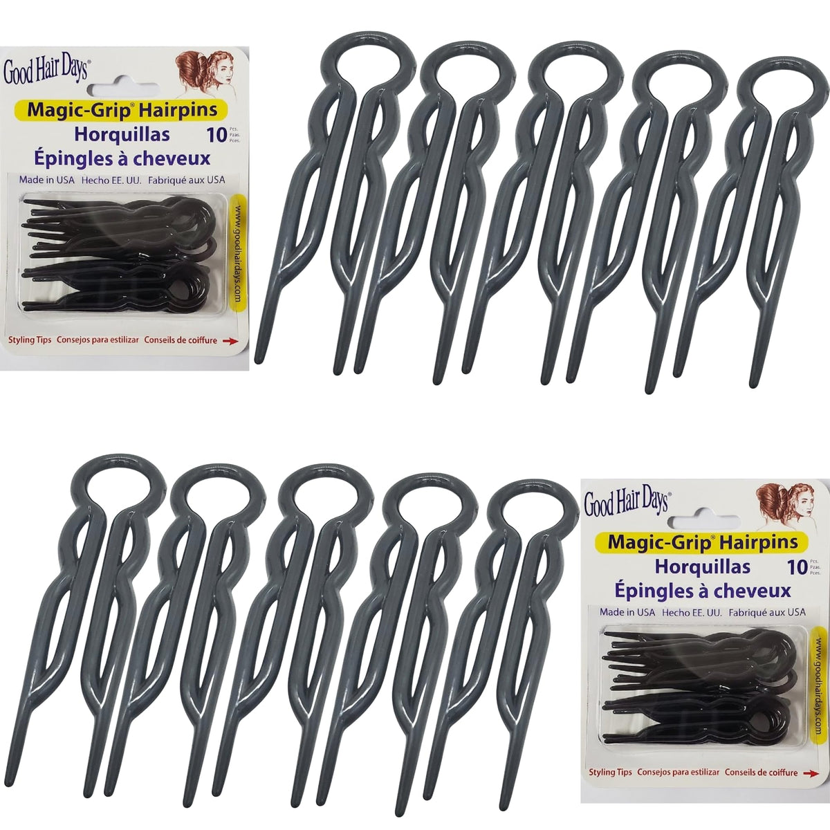 Good Hair Days front packaging showing set of 20 midnight black pins and number label benefit: clear count