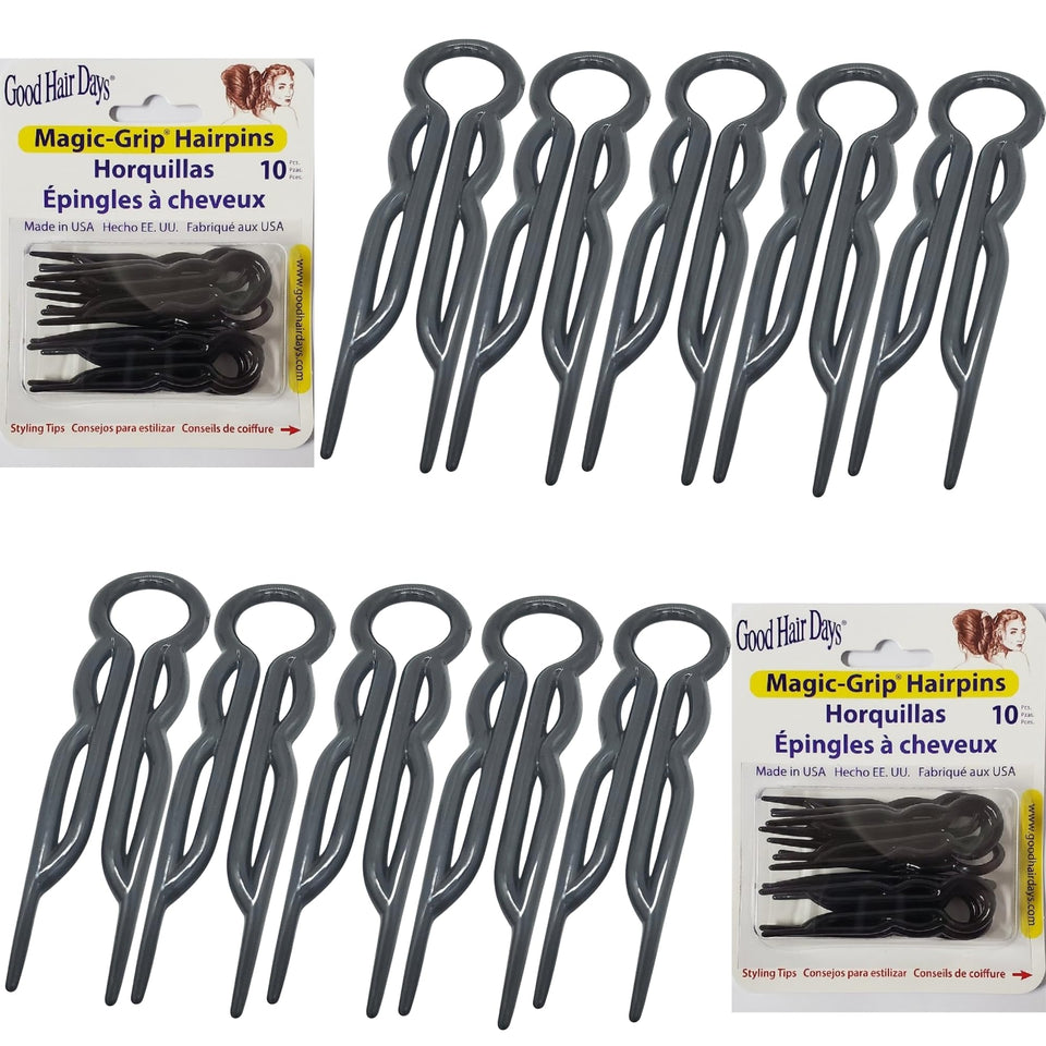Good Hair Days front packaging showing set of 20 midnight black pins and number label benefit: clear count