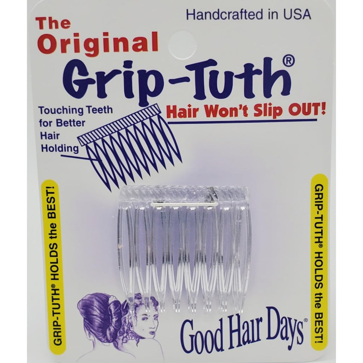 Good Hair Days clear side combs front packaging showing set of two for discreet hold