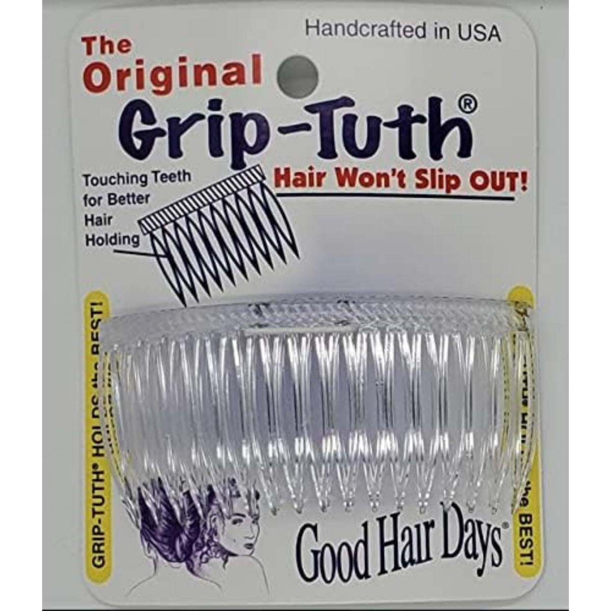 Good Hair Days front packaging showing two crystal side combs and set benefits