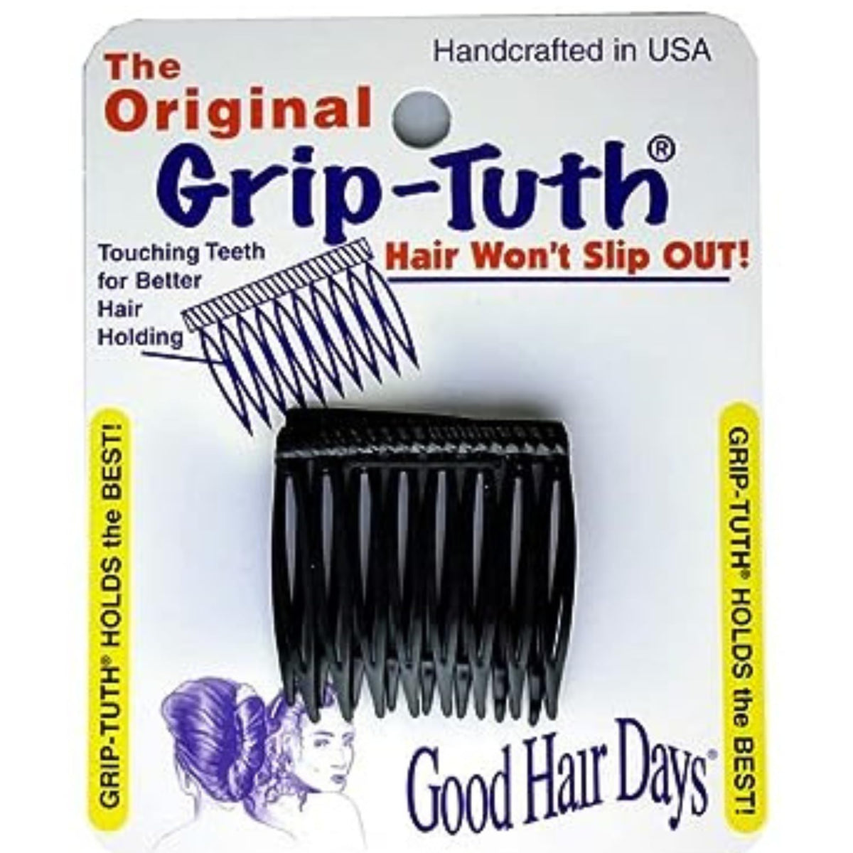 Good Hair Days front view of Grip-Tuth comb showing compact shape and secure hold