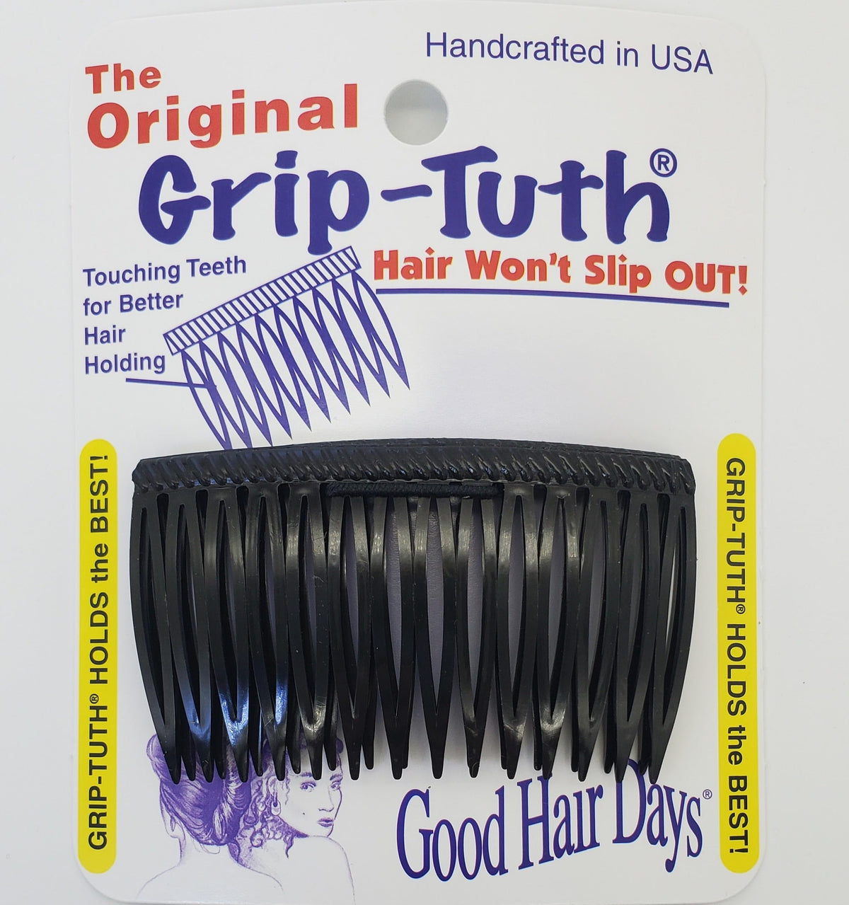 Good Hair Days front view of two black side combs shows compact decorative design and reliable hold