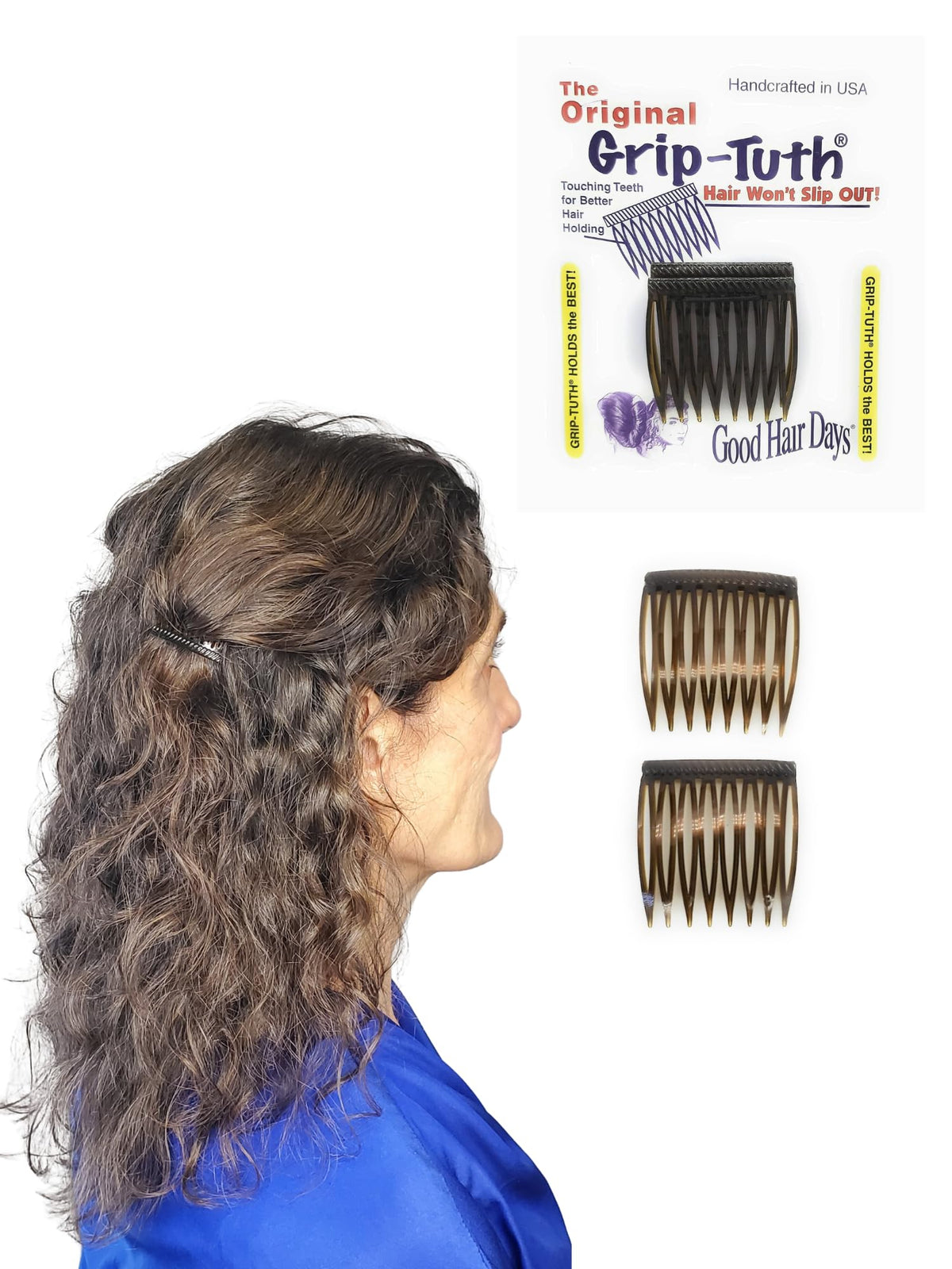 Good Hair Days front view of two tortoiseshell side combs showing neat finish and discreet hold
