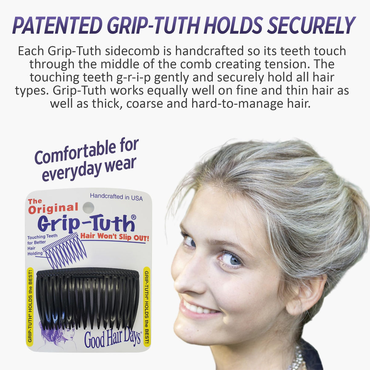 Good Hair Days side profile of combs showing slim 1½-inch width and precise placement