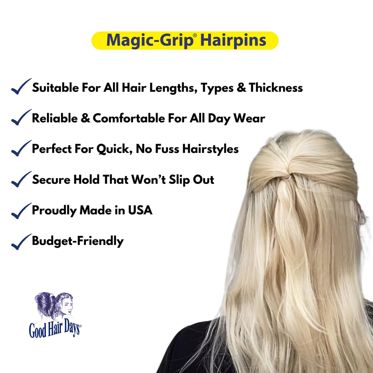 Good Hair Days hair pins in use securing a polished bun for hold