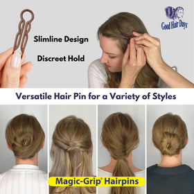 Good Hair Days pins beside a ruler showing 2.5 inch length benefit: accurate sizing