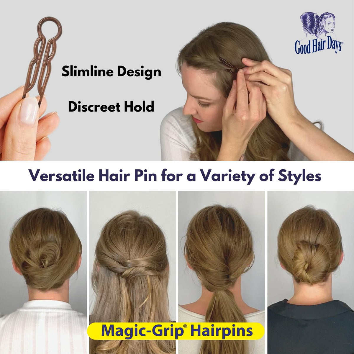 Good Hair Days scale with hand demonstrating 2.5 inch size and discrete benefit