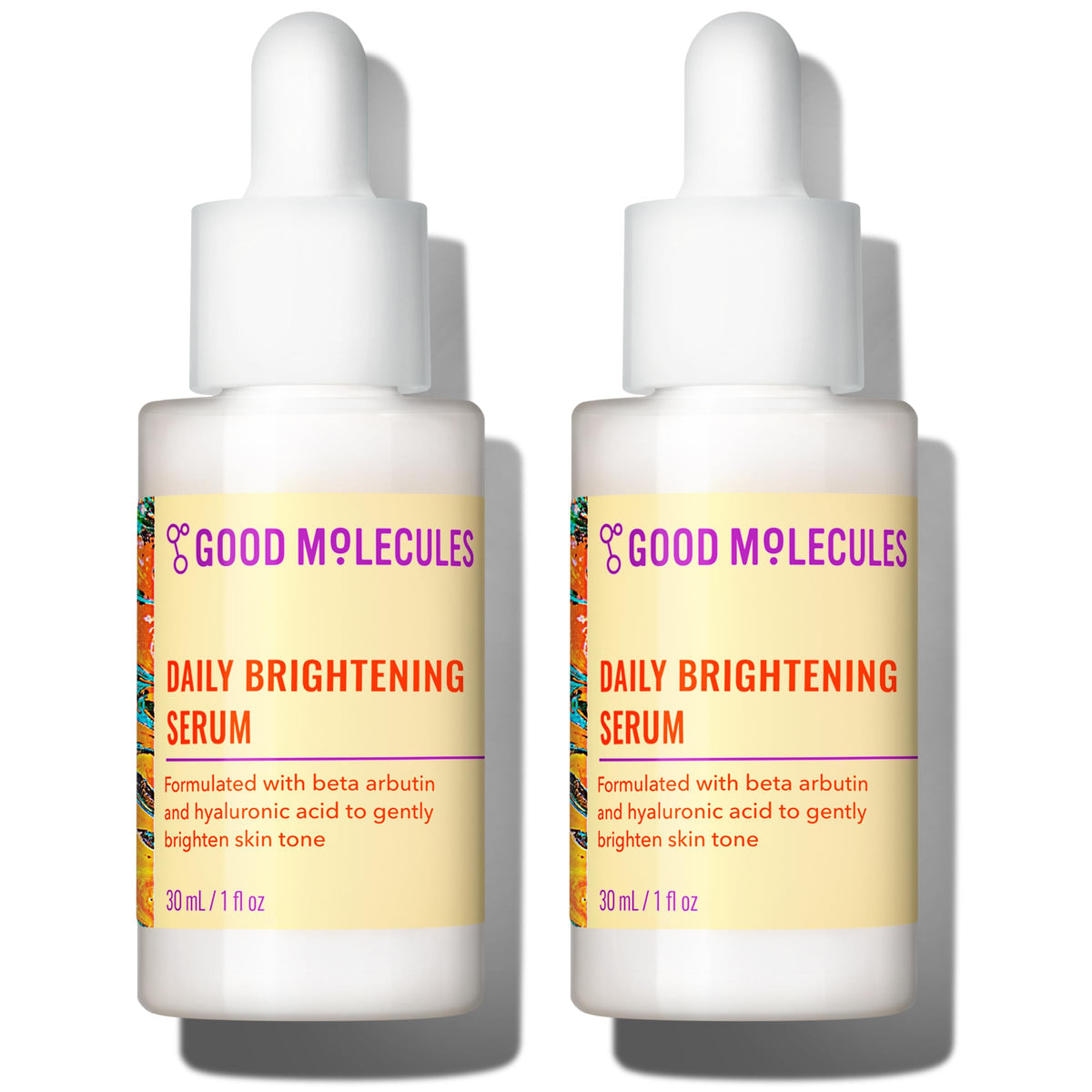 Good Molecules front packaging showing two 30 ml bottles and clear benefits