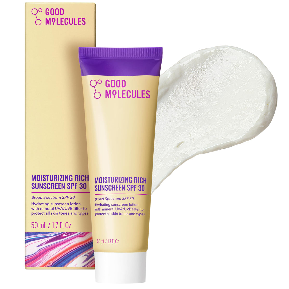 Good Molecules front tube showing packaging and SPF benefit