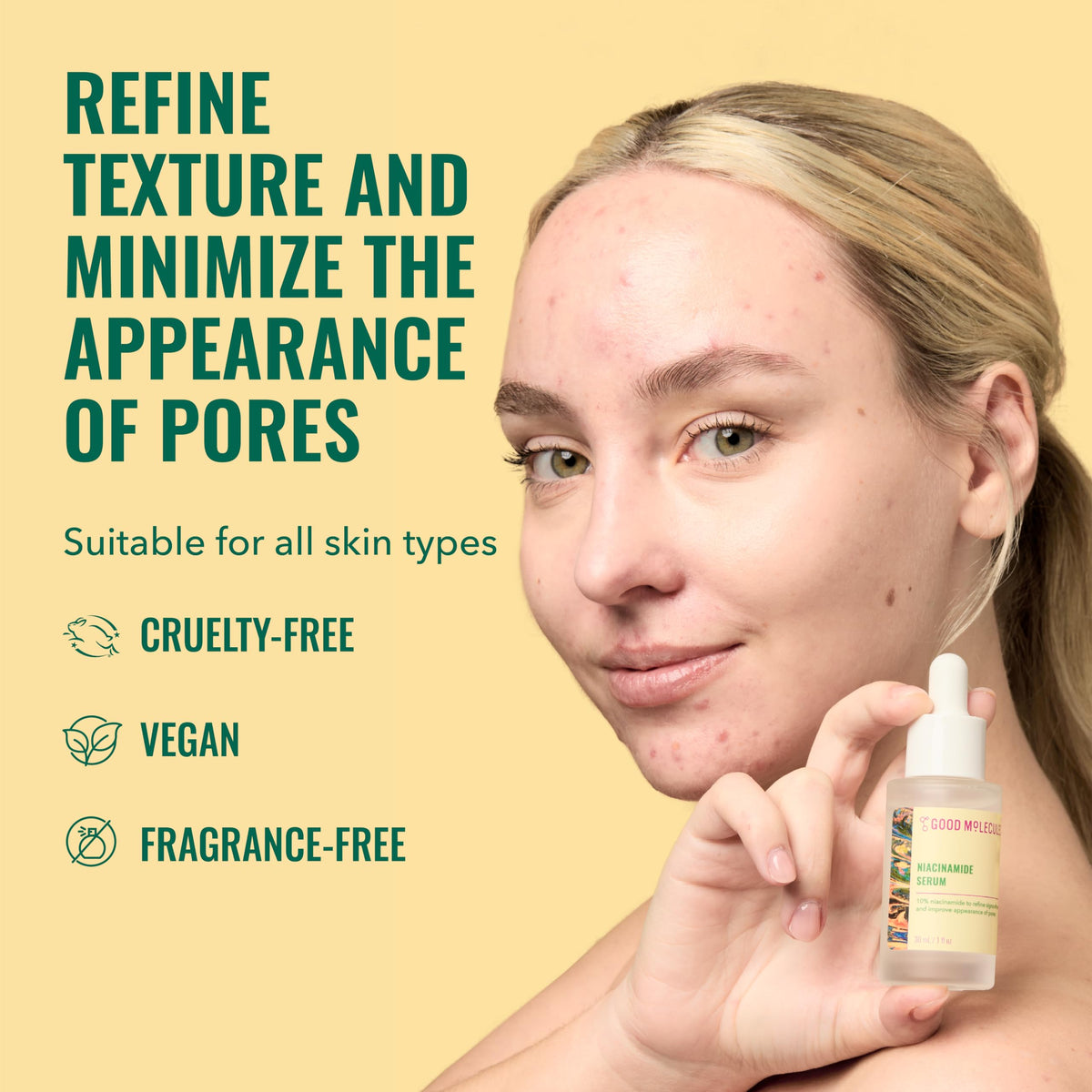 Good Molecules pipette dispensing serum highlighting controlled application