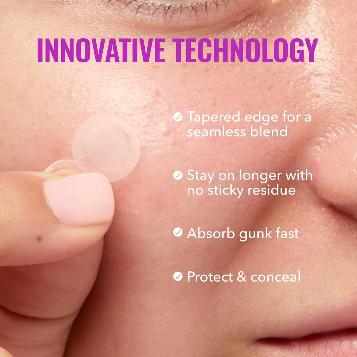 Good Molecules patch applied to cheek protecting blemish and preventing picking