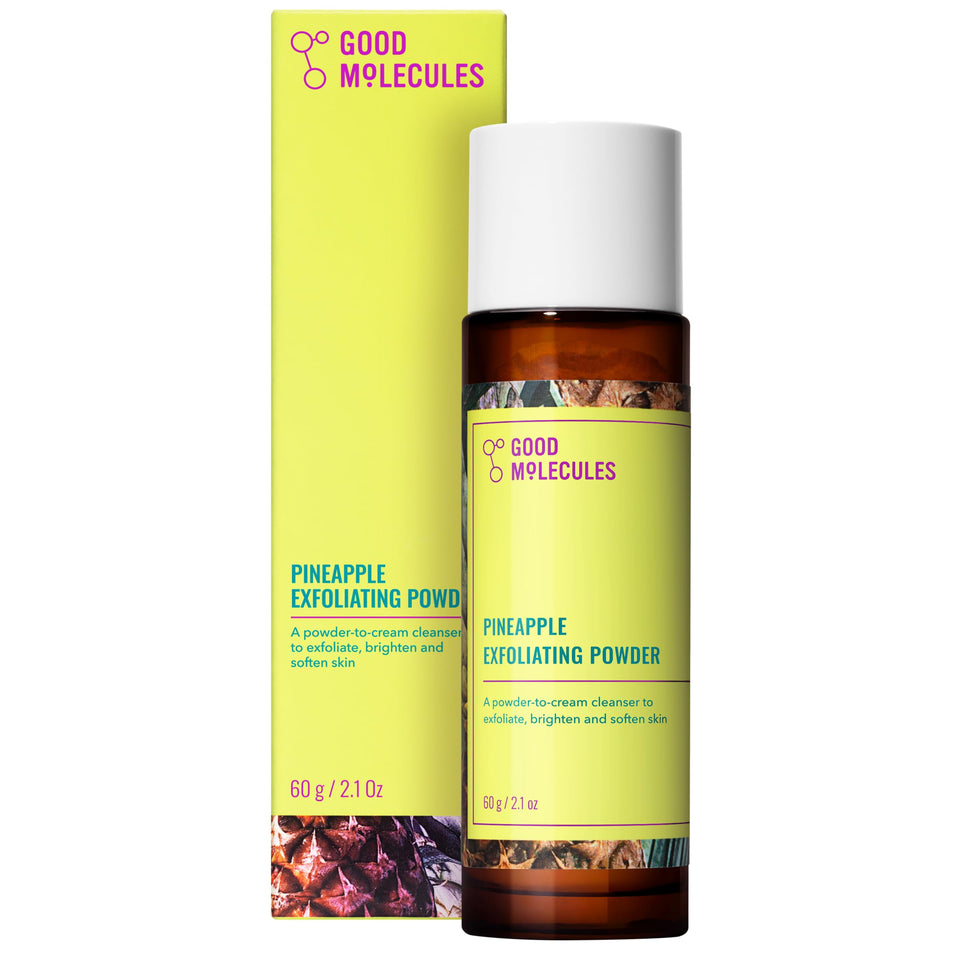 Good Molecules powder front packaging showing jar and product name, clear benefit