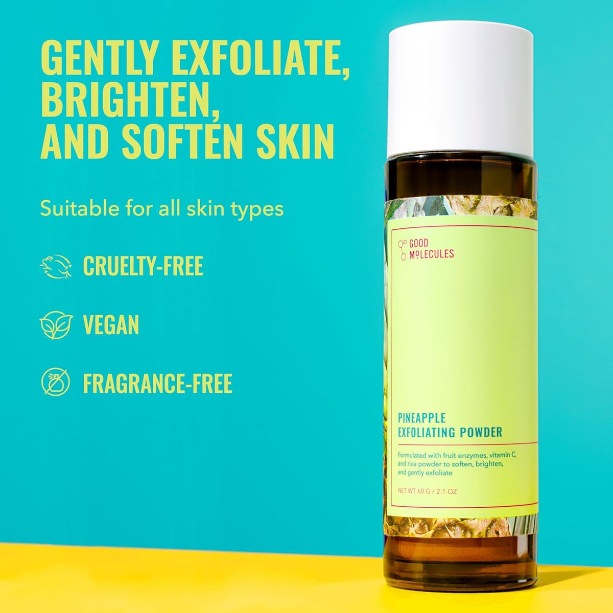 Good Molecules ingredient close-up with fruit enzyme particles, gentle brightening benefit