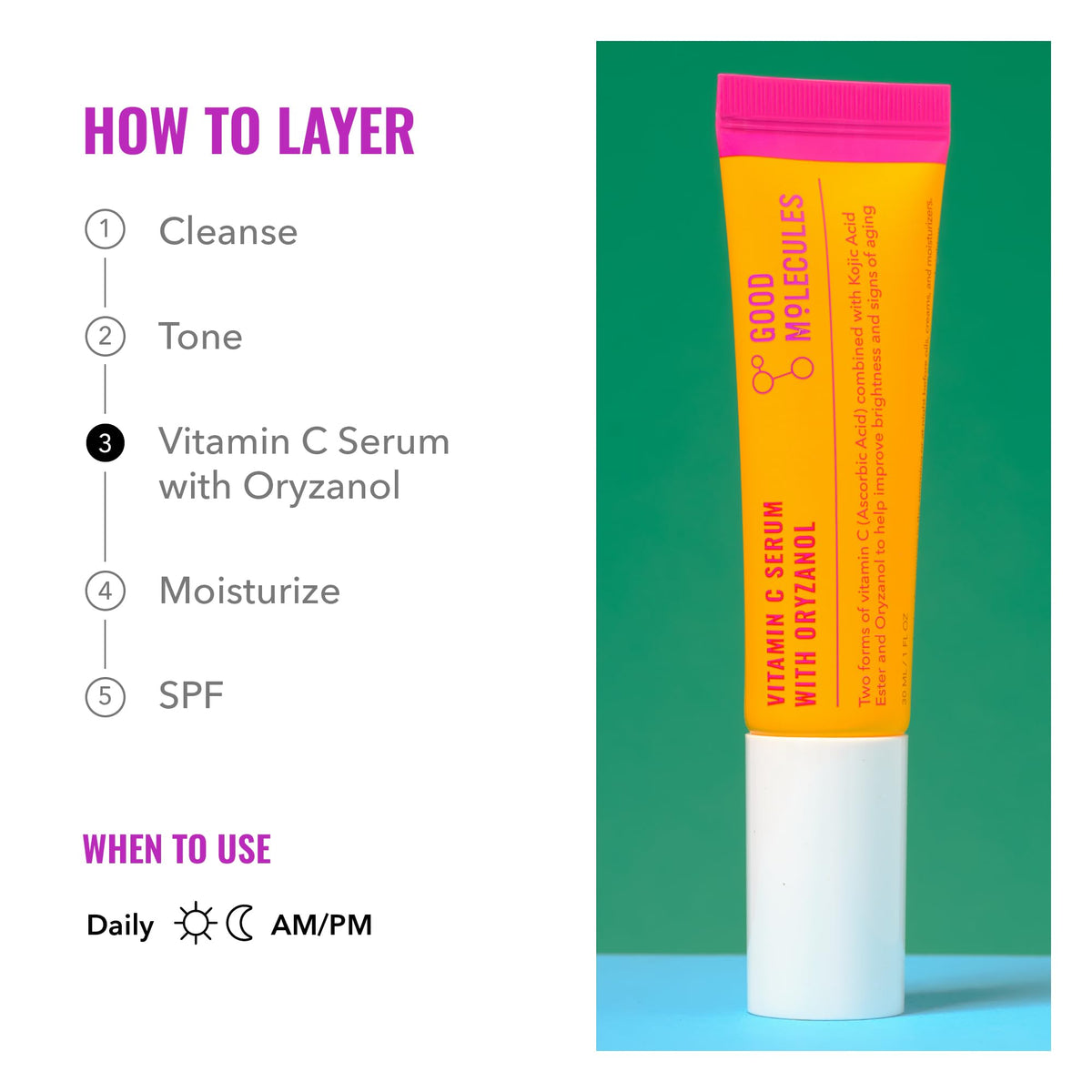 Good Molecules serum staged in bathroom routine, integrates easily into morning skincare