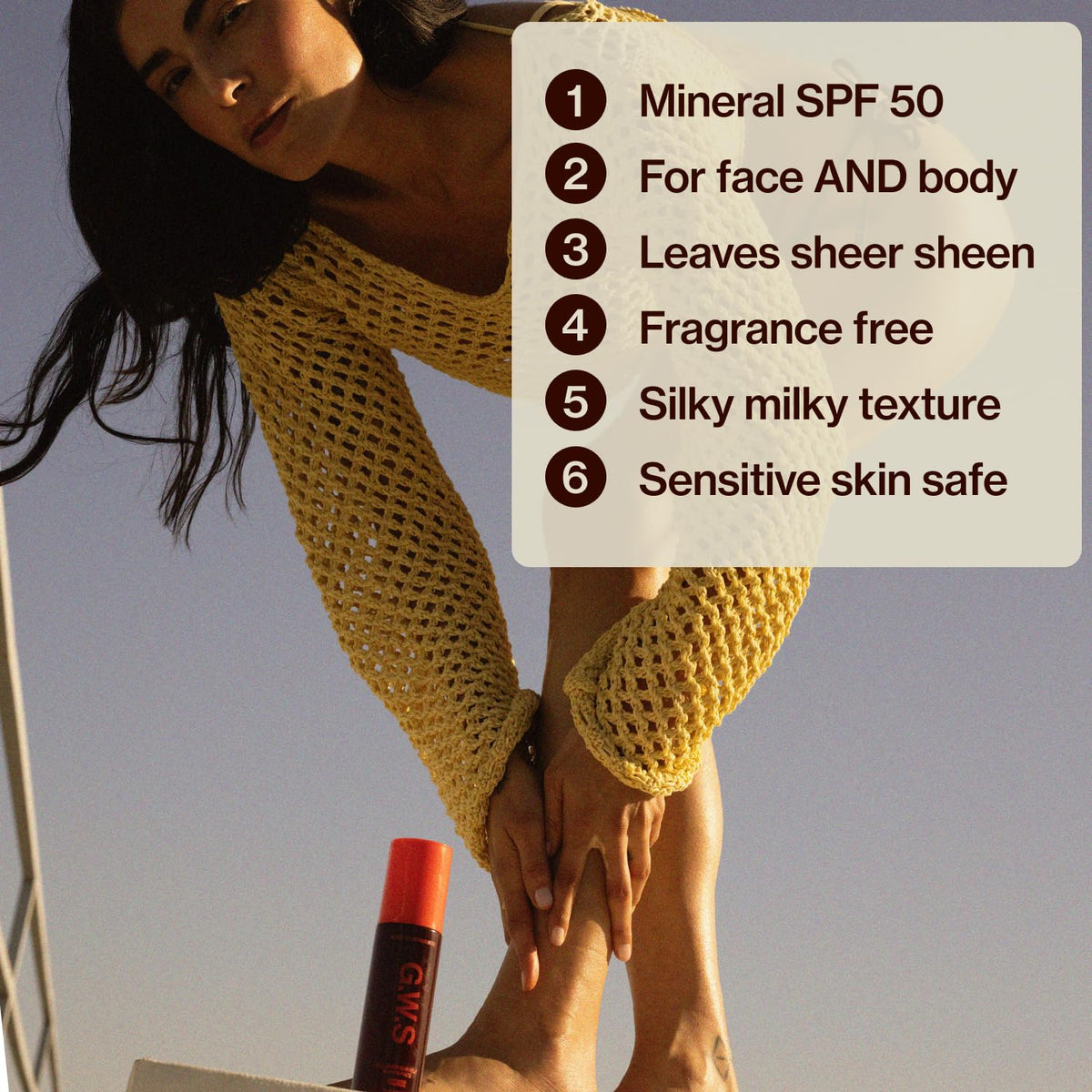 Good Weather Skin applying sun milk to face demonstrating lightweight finish