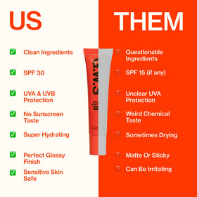 Good Weather Skin lifestyle outdoors image showing gloss use with sun protection benefit