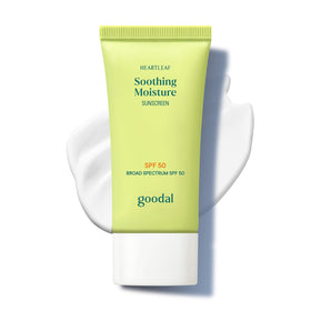 GOODAL front packaging of Heartleaf Soothing Moisture Sunscreen showing SPF benefits