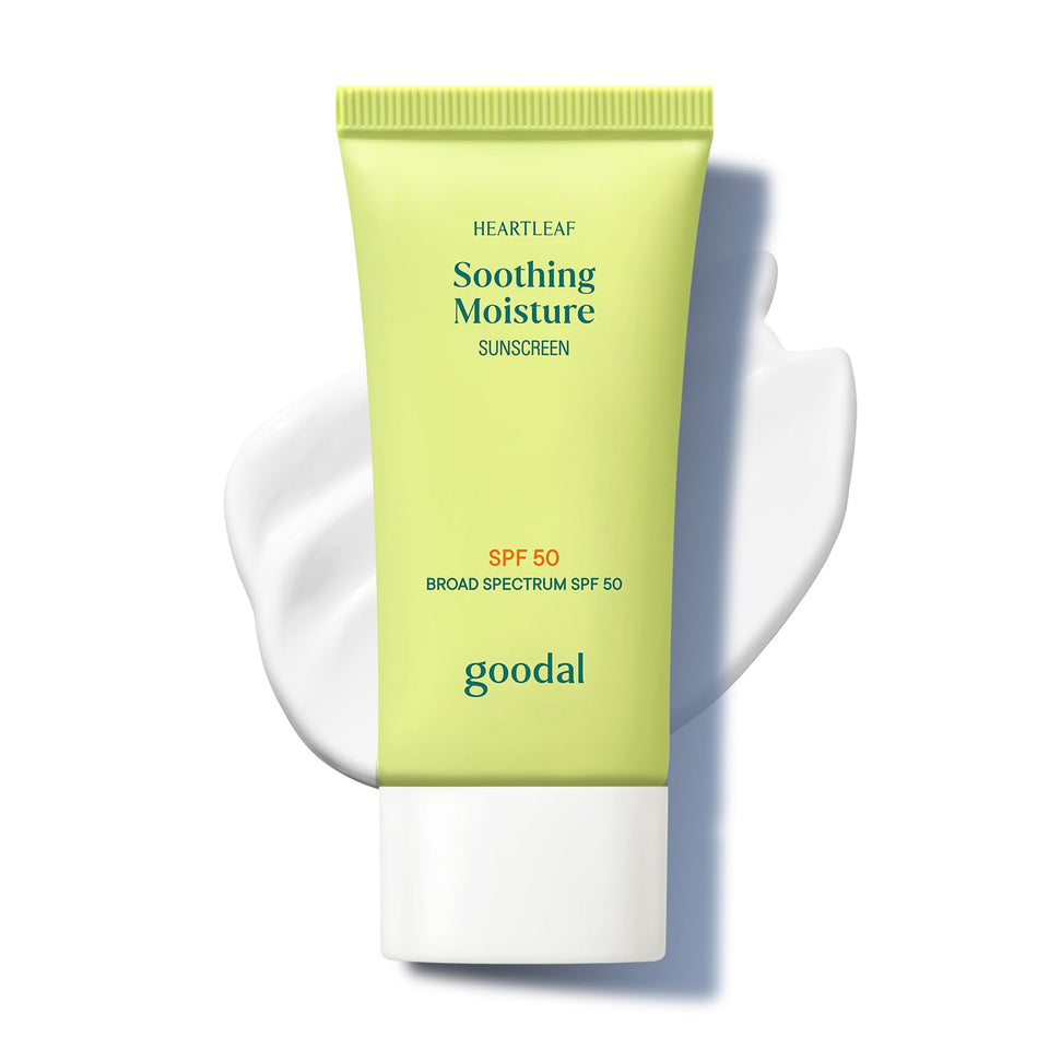 GOODAL front packaging of Heartleaf Soothing Moisture Sunscreen showing SPF benefits