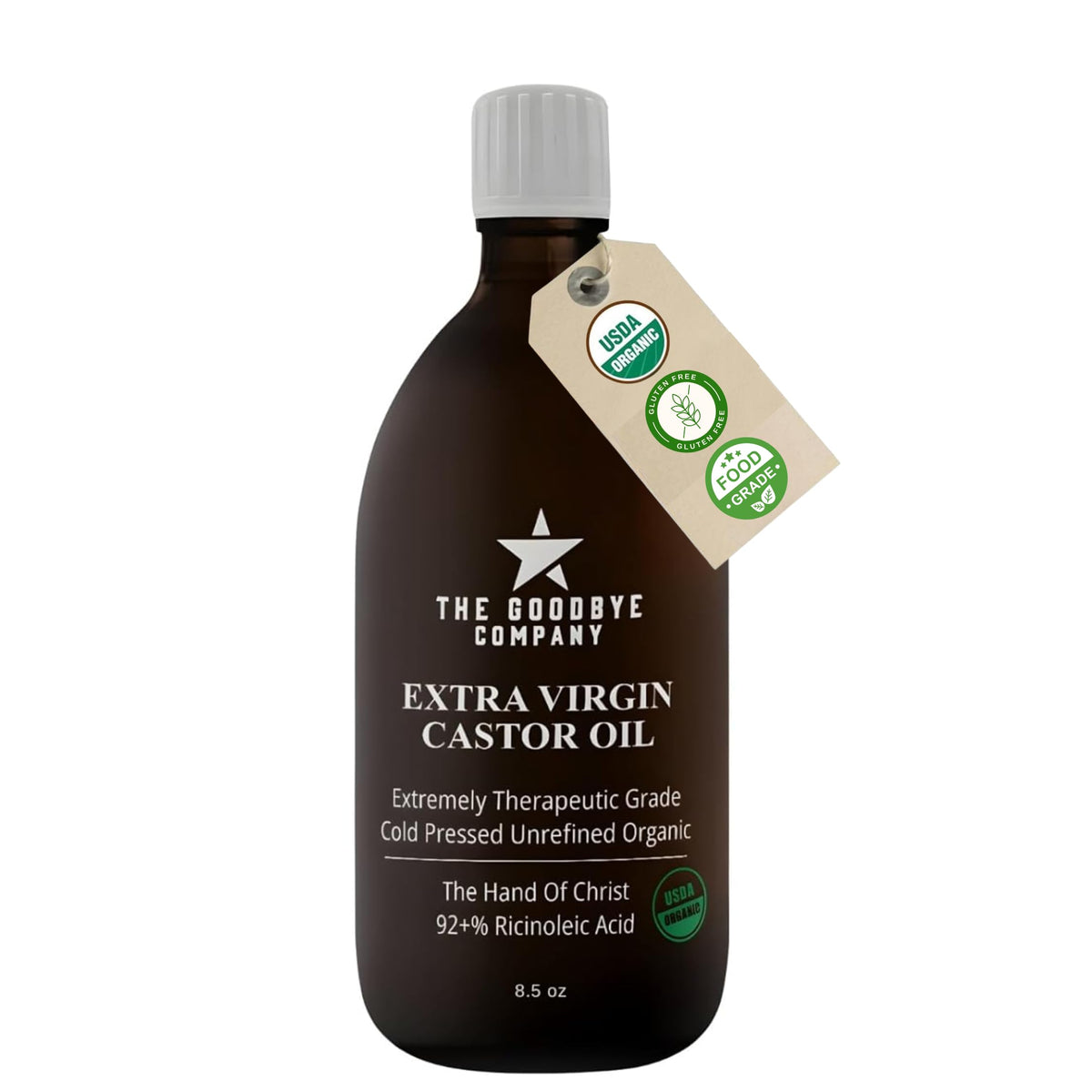 Goodbye Company castor oil front bottle showing clean packaging and organic quality