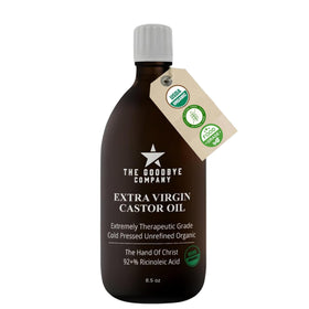 Goodbye Company castor oil front bottle showing clean packaging and organic quality