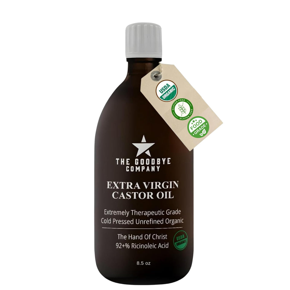 Goodbye Company castor oil front bottle showing clean packaging and organic quality