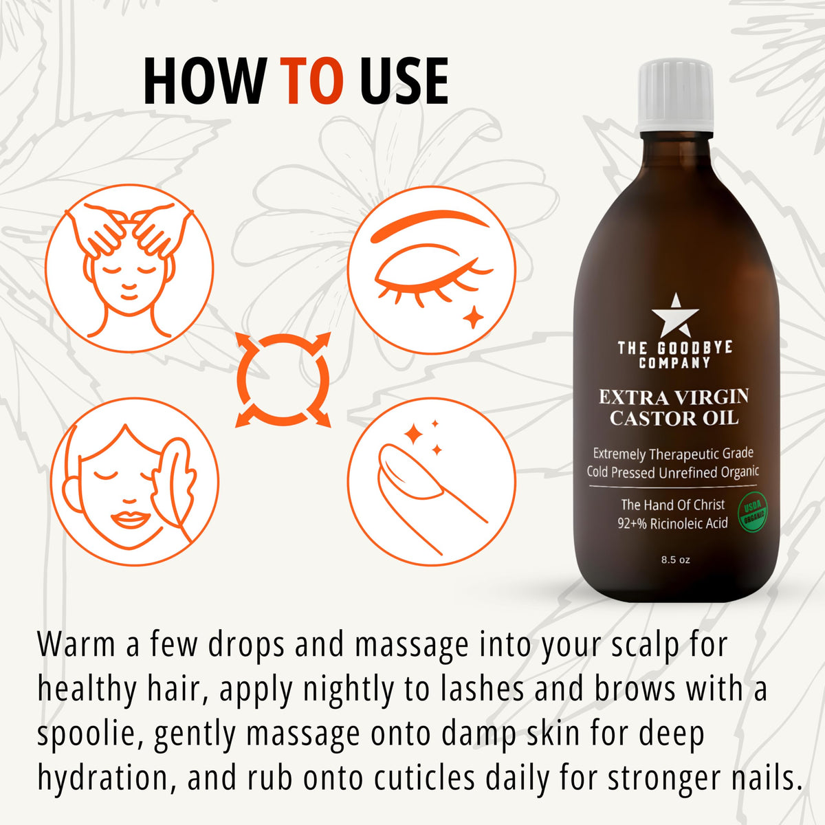 Goodbye Company castor oil pouring to show thick consistency and moisturizing benefit
