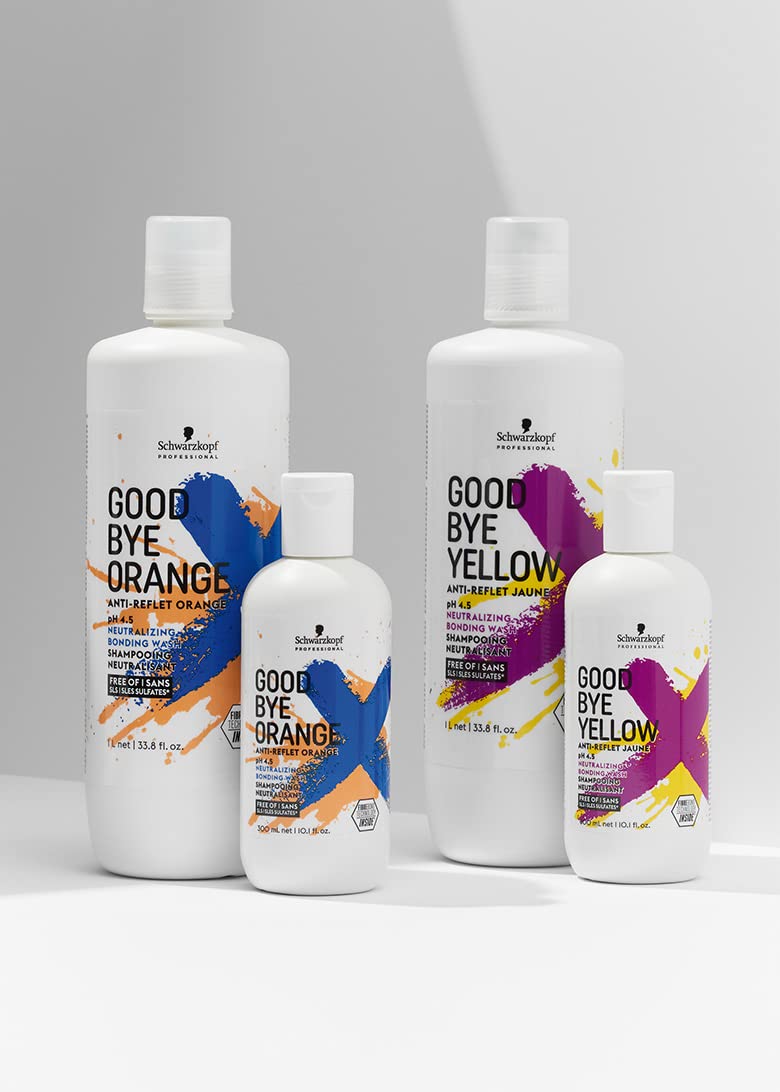 GOODBYE YELLOW bottle staged in salon environment showing professional-grade benefit