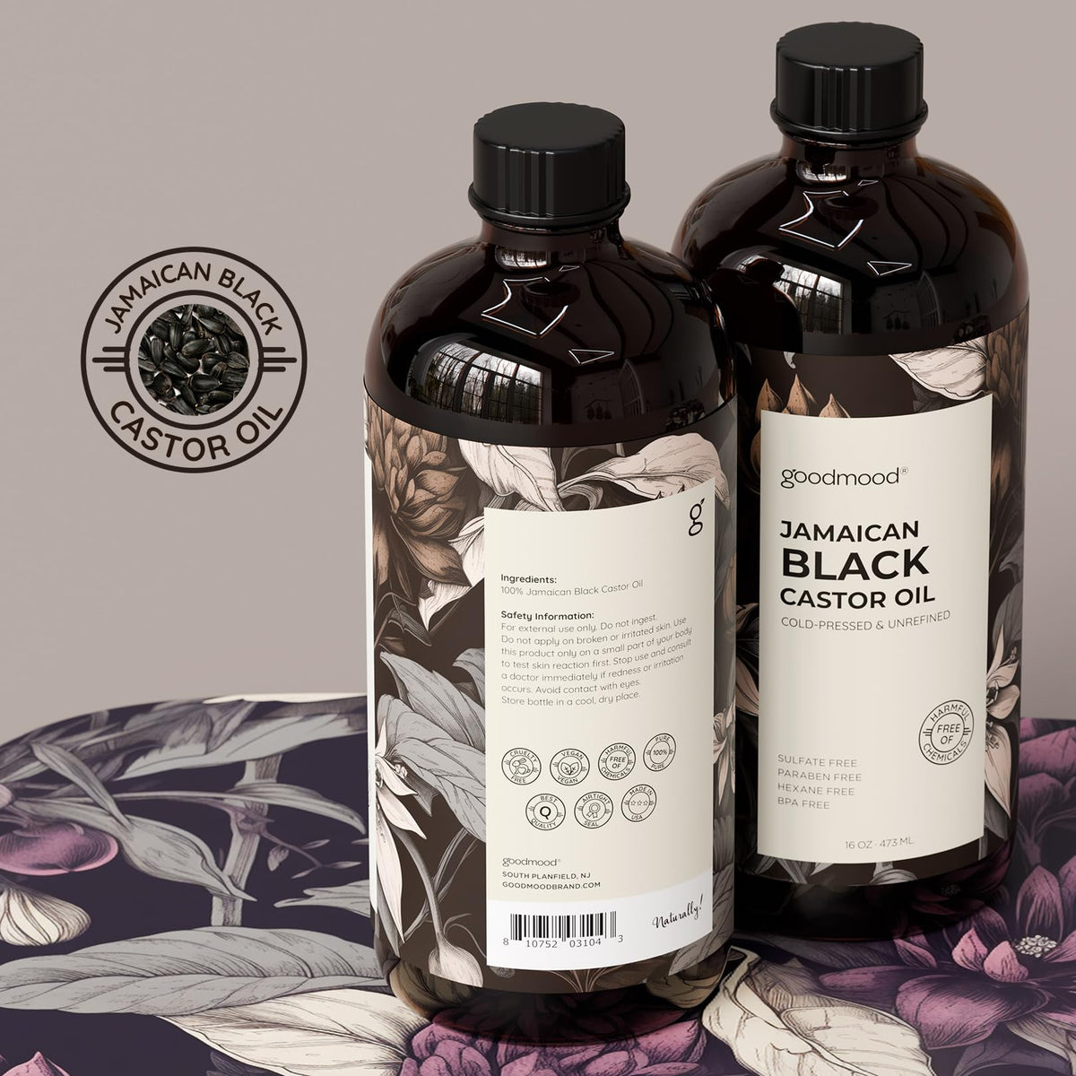 GOODMOOD label closeup highlighting cold-pressed organic claims and ingredient clarity