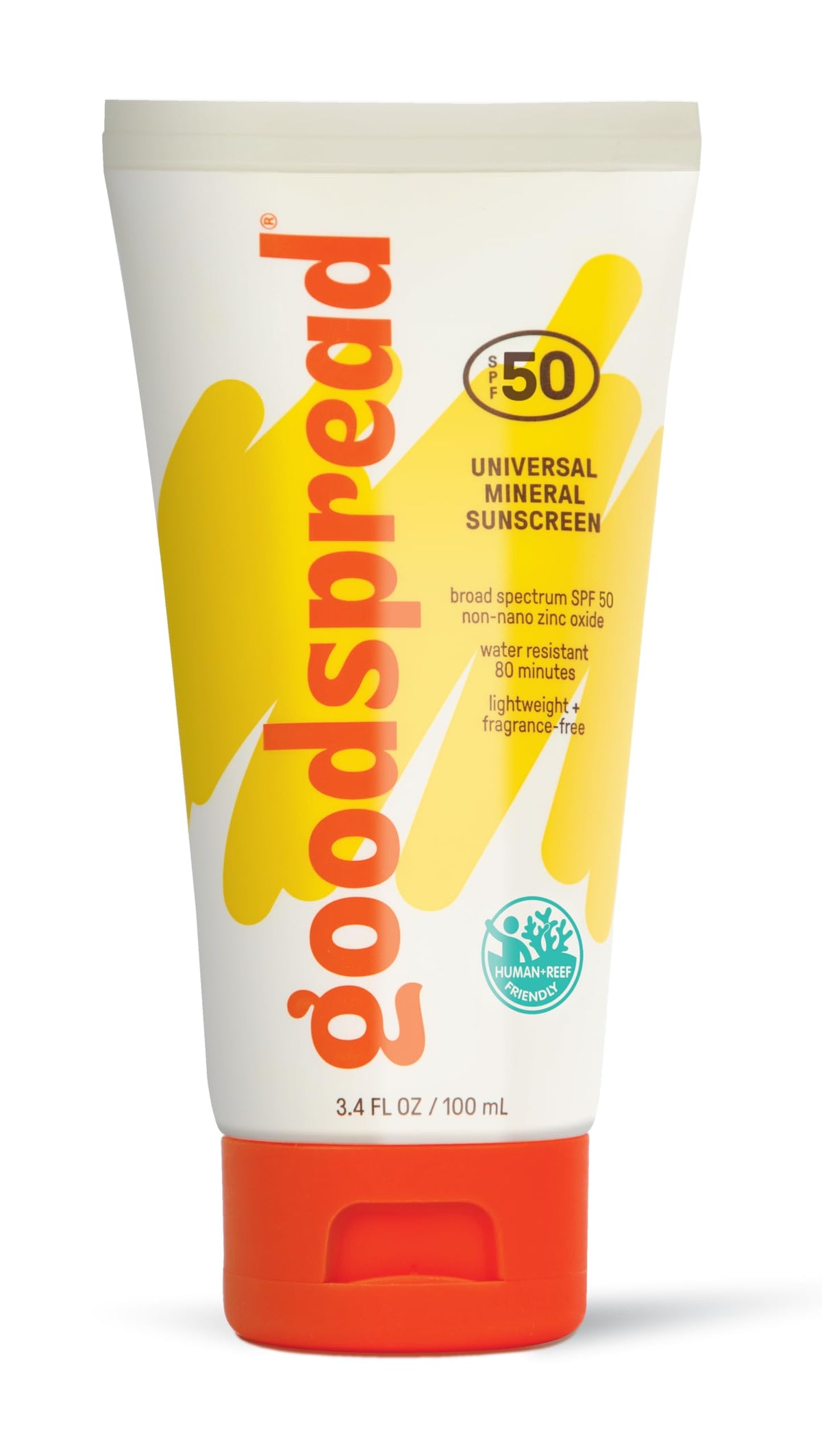 Goodspread front packaging showing SPF 50 and clear finish benefit
