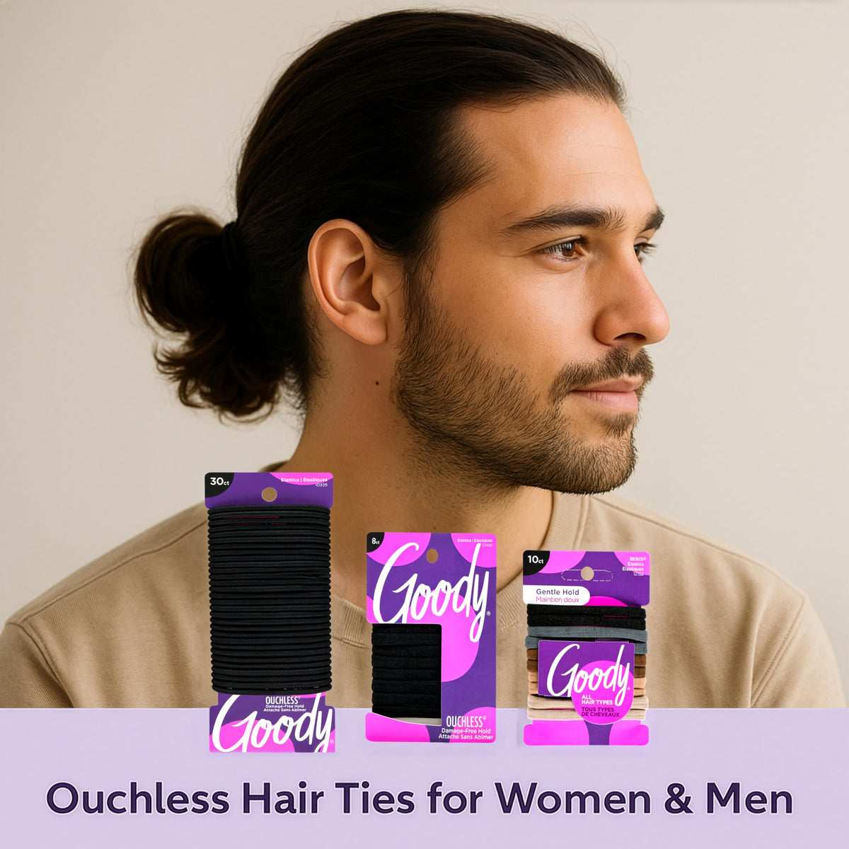 Goody black seamless ponytail holder in use providing sleek polished hold