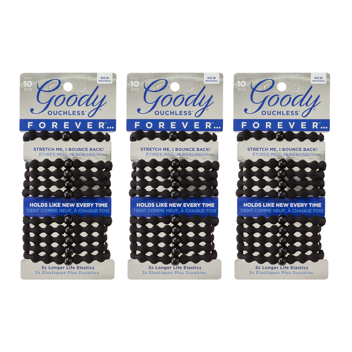 GOODY braided elastic front packaging showing durable three-count convenience