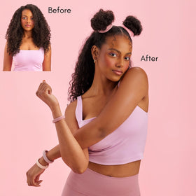 Goody elastic being stretched to show flexible, secure hold benefit