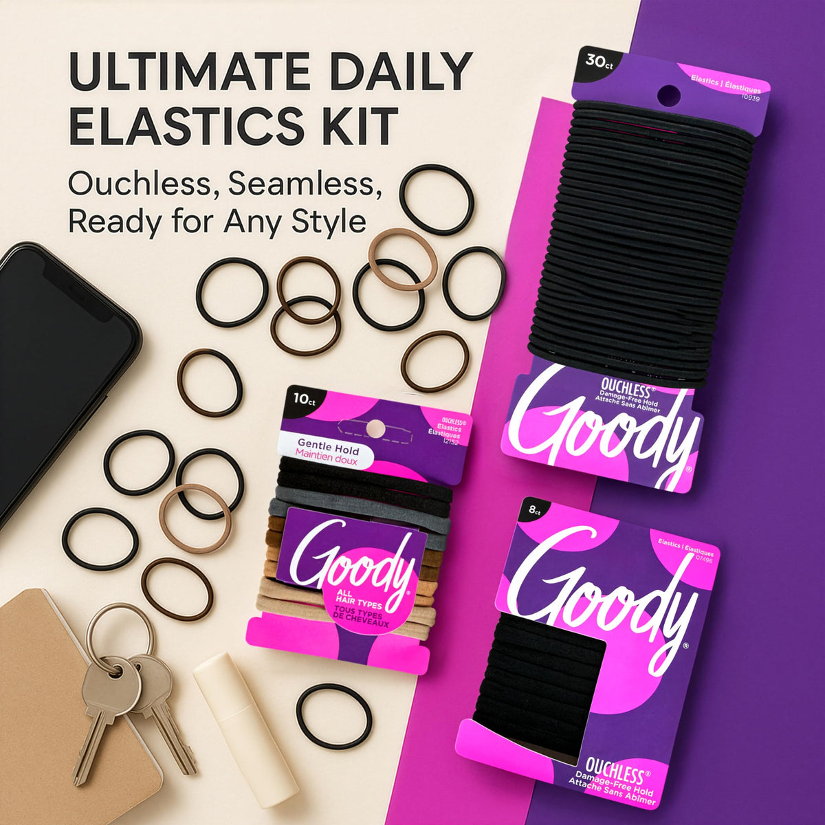 Goody elastics used in a ponytail showing secure style for active days