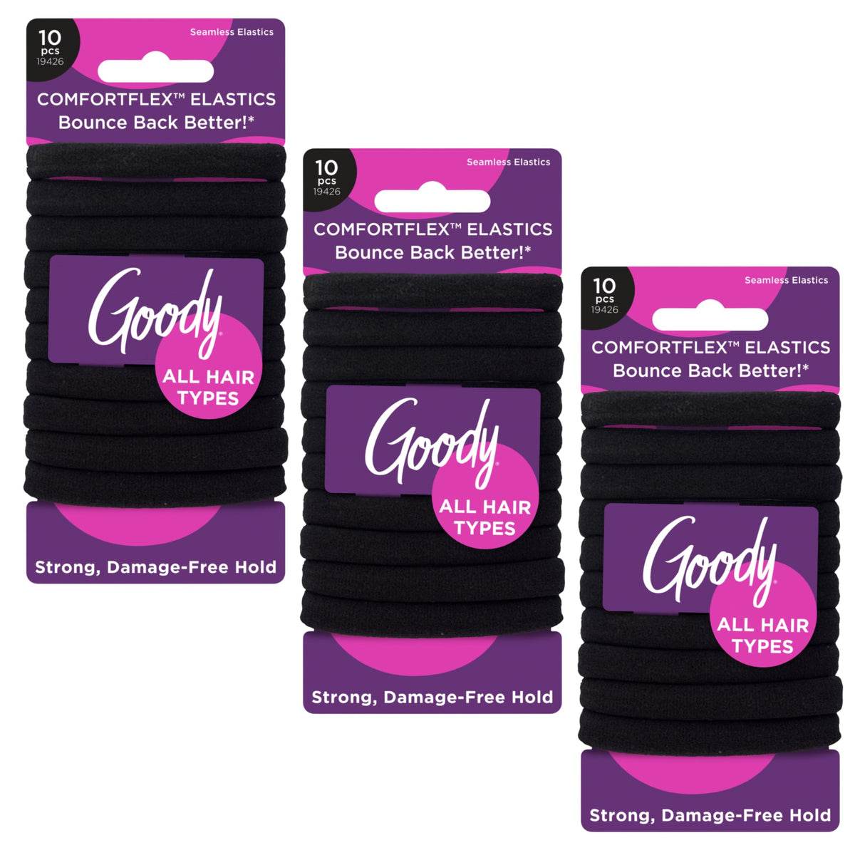 GOODY front packaging showing 10-count black elastics and clear product view for convenience