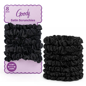 Goody front packaging showing eight black satin scrunchies and neat presentation