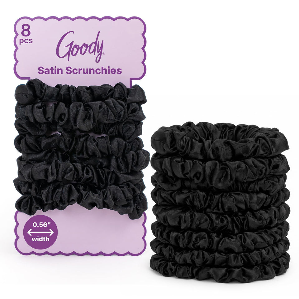 Goody front packaging showing eight black satin scrunchies and neat presentation