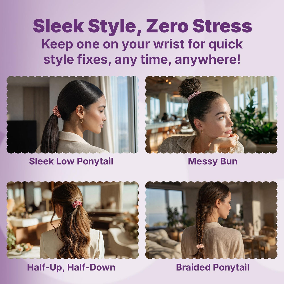 GOODY scrunchie held in hand for size comparison illustrating slim, travel-friendly design