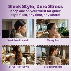 GOODY scrunchie held in hand for size comparison illustrating slim, travel-friendly design