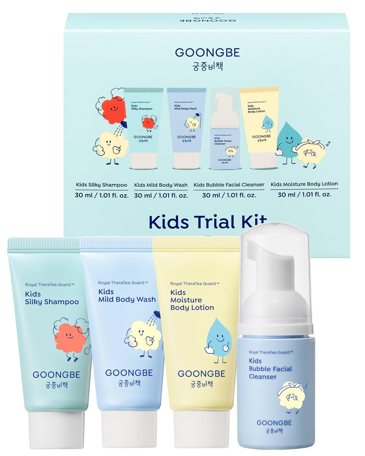 GOONGBE front packaging of 4-in-1 travel kit showing compact bottles and gift-ready box