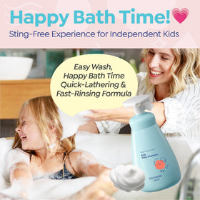 GOONGBE child washing hair smiling for tear-free reassurance