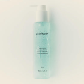goop bottle staged on bathroom counter suggesting daily routine freshness