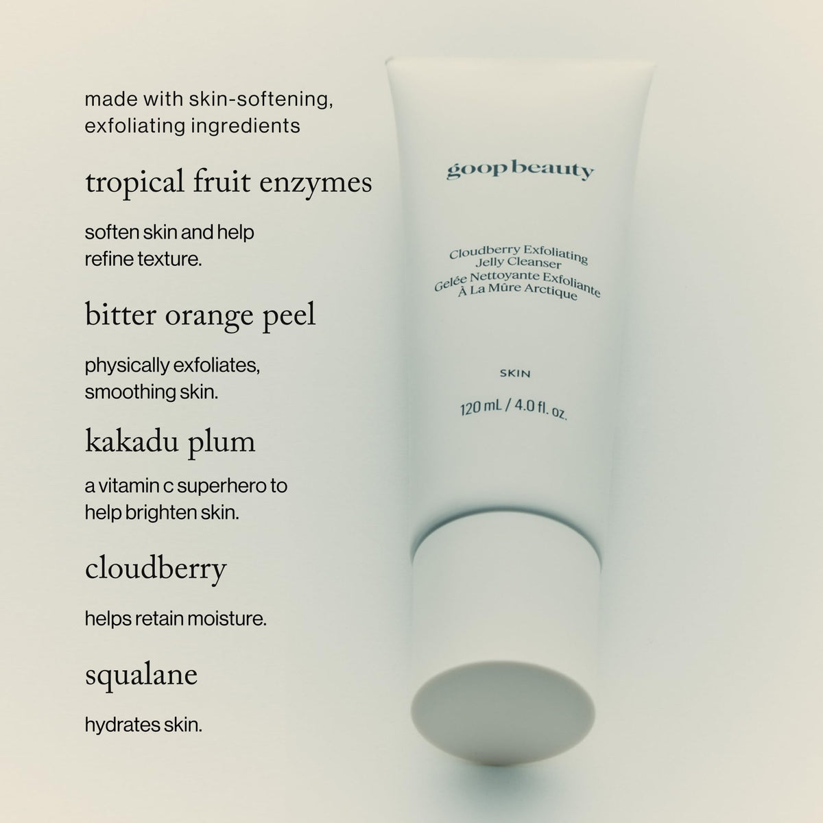 goop cleanser jelly texture close-up revealing fine exfoliating particles
