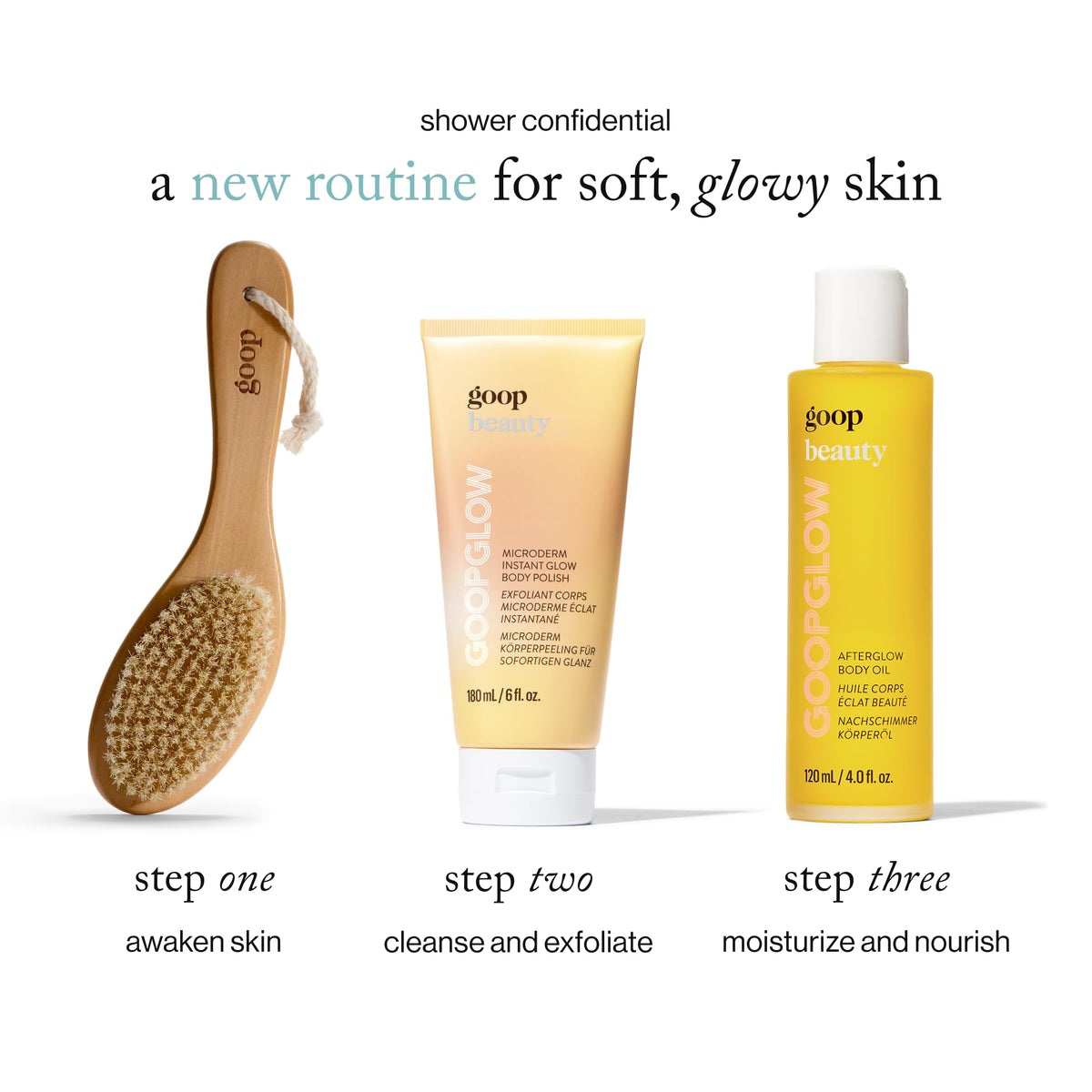 goop in-shower use showing application and exfoliating massage benefit