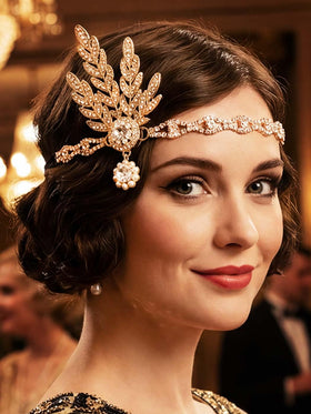 GORTIN flapper headband front view showing gold rhinestone sparkle and elegant silhouette