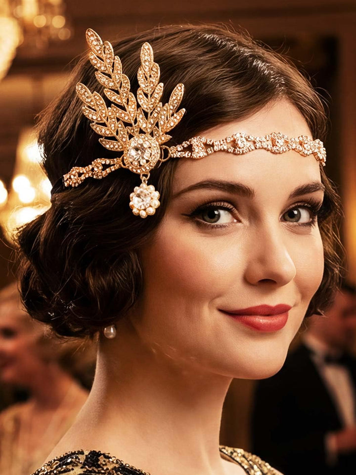 GORTIN flapper headband front view showing gold rhinestone sparkle and elegant silhouette