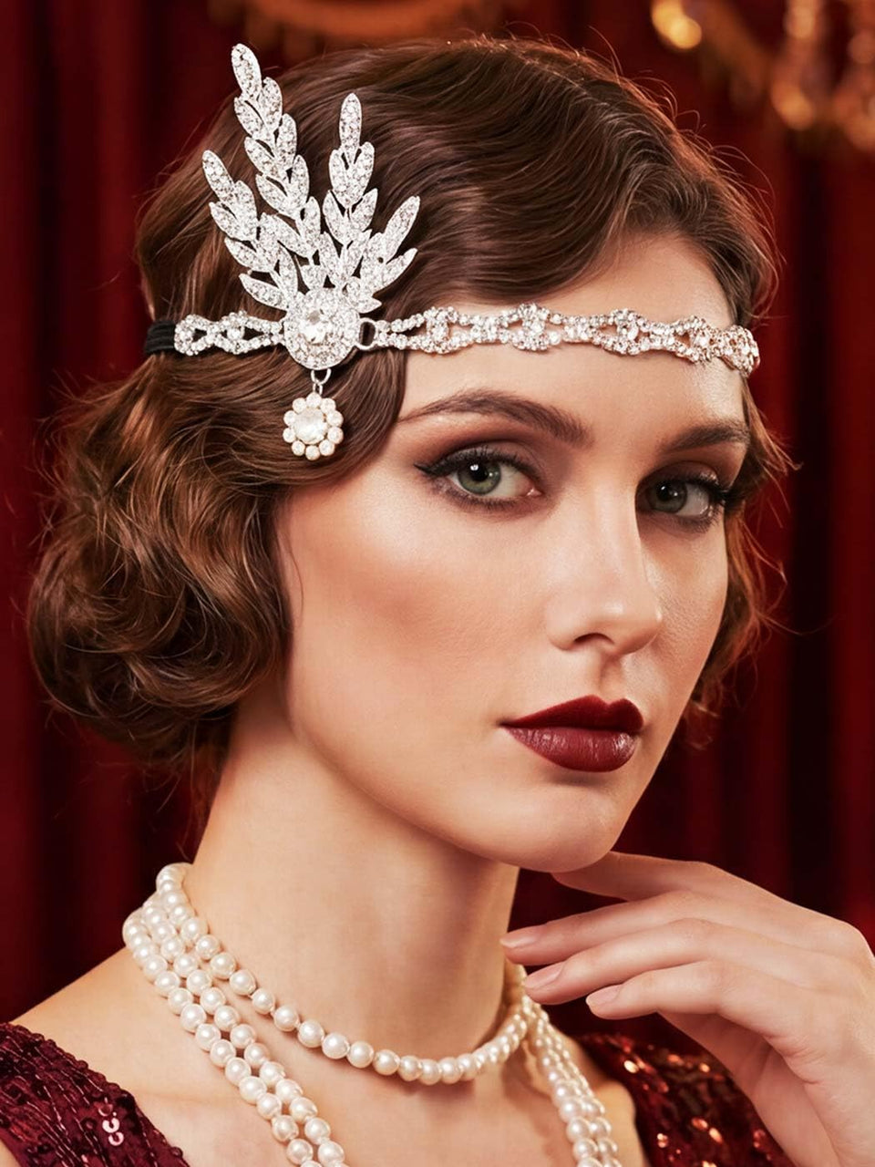 GORTIN front view of silver flapper headband showing rhinestone sparkle and vintage appeal
