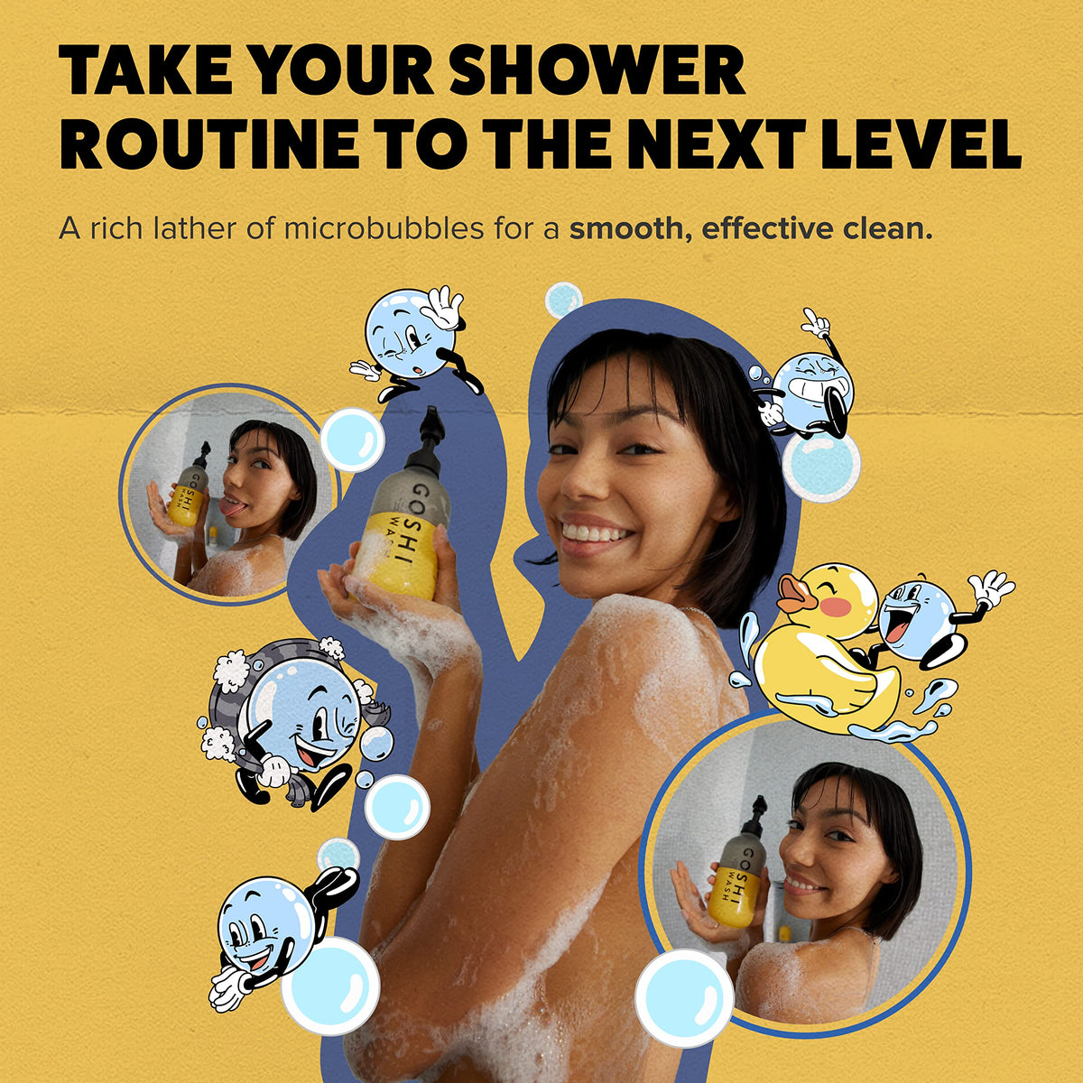 GOSHI in-shower use with mesh scrubber showing deeper nutrient-rich cleanse benefit