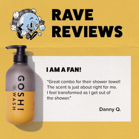 GOSHI in shower lifestyle scene conveying refreshing scent and revitalizing routine
