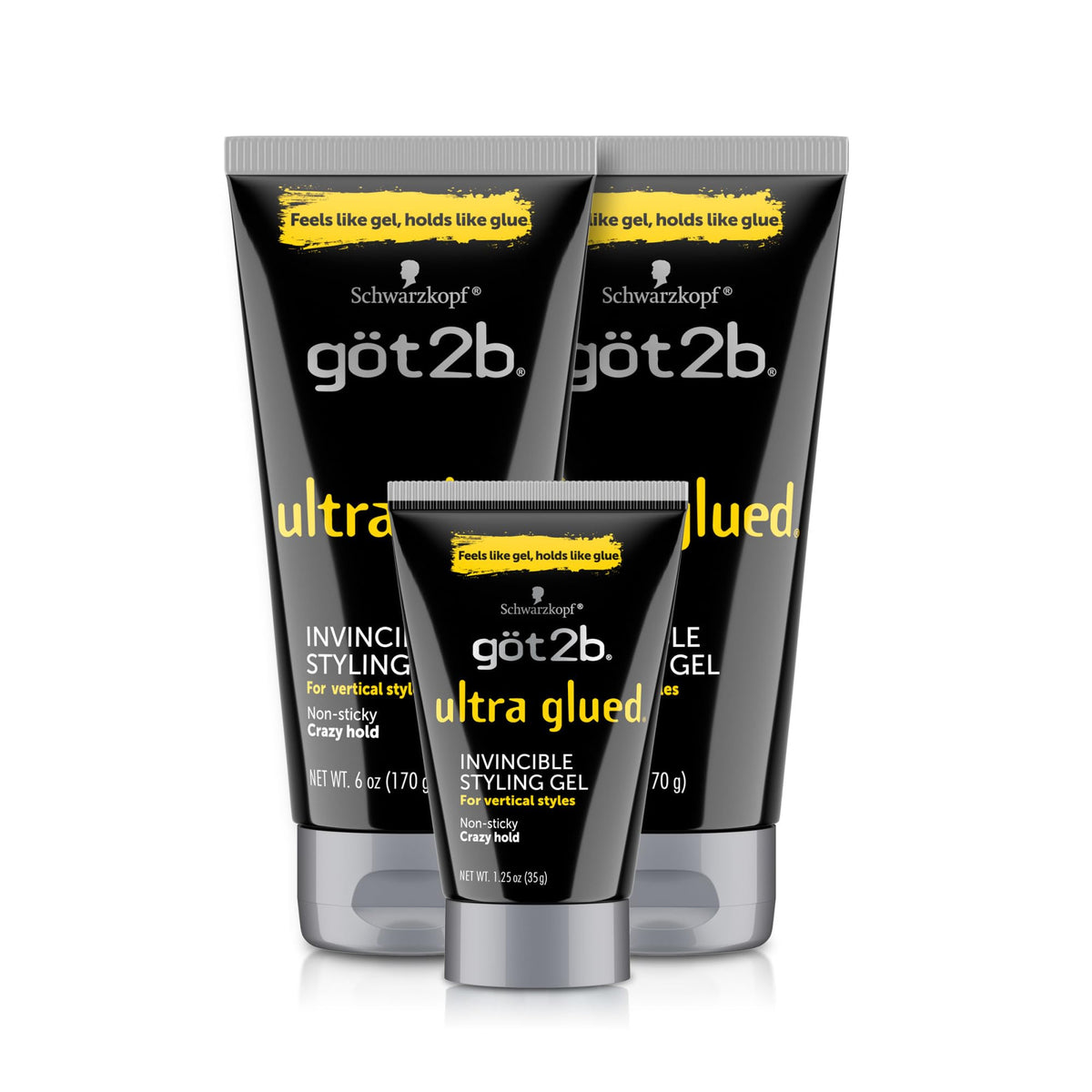 got2b front packaging showing two full-size tubes and travel tube, perfect kit portability
